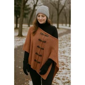 Simply Noelle Rust Knit Buckle Poncho Boho Fall Cape Wrap One Size Cozy Layer